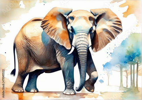 The illustration, drawn in watercolor style, depicts a large adult elephant