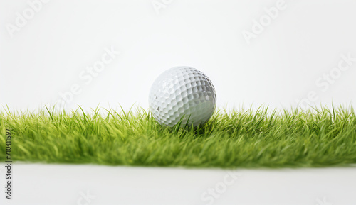 The golf ball rests on the green wood and the grass behind, in the style of white background, lightbox, 3840x2160, prairiecore, playful arrangements, soft tonal range, hard-edge