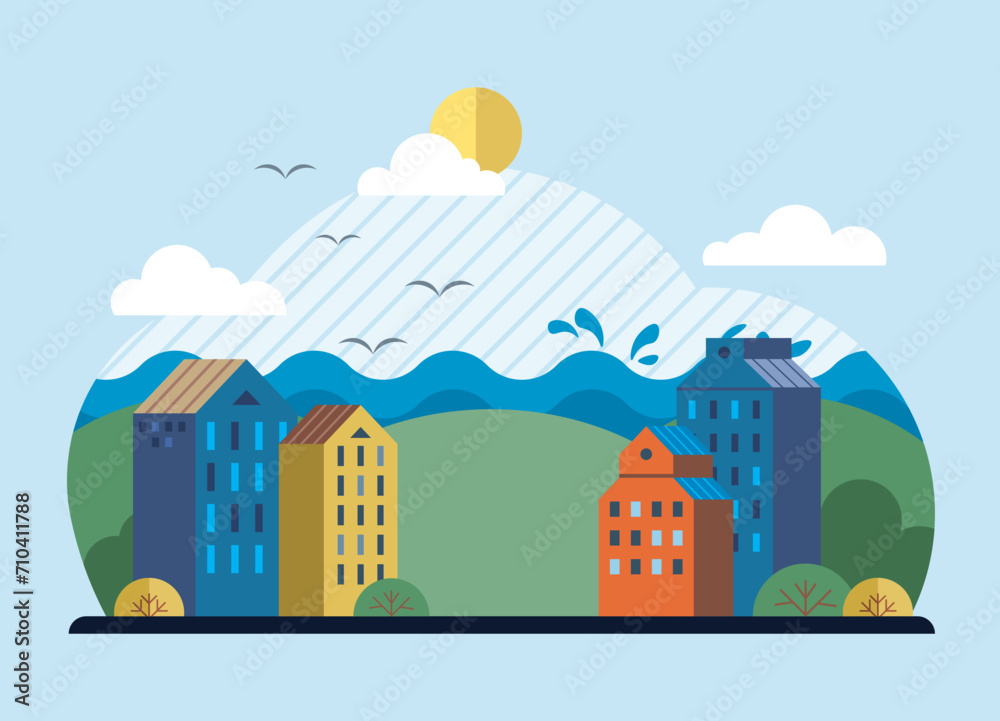 Clean city vector illustration. Ecology and principles of sustainable living are at heart of clean city The city adopts eco-friendly practices minimize its carbon footprint and environmental impact Clean city vector illustration. Ecology and principles of sustainable living are at heart of clean city The city adopts eco-friendly practices minimize its carbon footprint and environmental impact