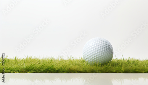 The golf ball rests on the green wood and the grass behind, in the style of white background, lightbox, 3840x2160, prairiecore, playful arrangements, soft tonal range, hard-edge

 photo