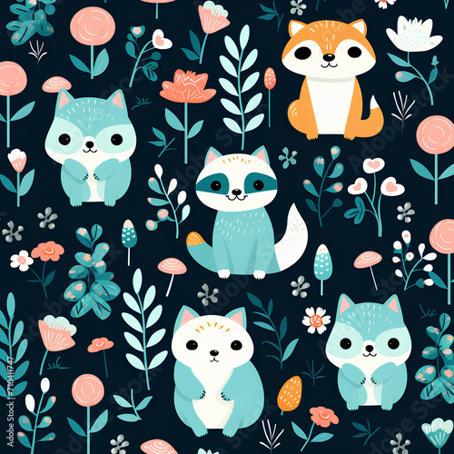 Create a pattern featuring adorable, stylized animals like pandas, and kittens in playful poses, PNG, 300 DPI