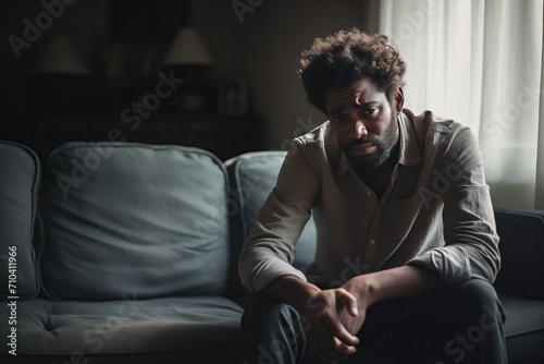 Isolated african american man sitting on the sofa in a dark room, experiencing depression and anxiety. Mental health concept photo