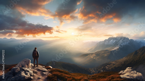 Young man standing on top of mountain during sunrise and sunset, in the style of textural landscapes, light bronze, australian landscape, mysterious backdrops, high-angle, 3840x2160, minolta riva mini