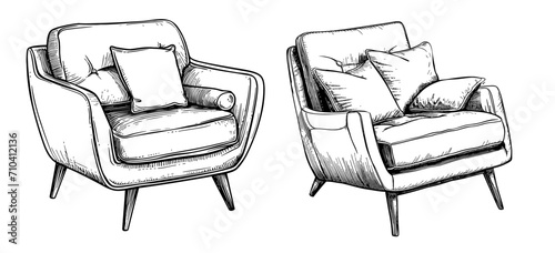 Modern furniture armchair with pillows for home interior in trendy scandinavian style outline contour lines.