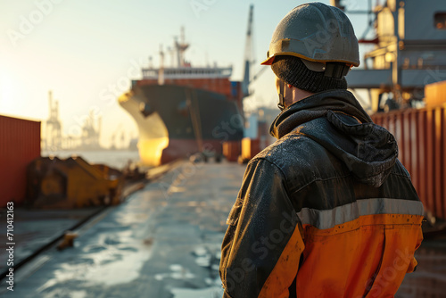 Male worker in a hard hat in a cargo port with a ship in the background, rear view photo