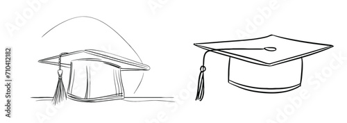 One continuous line drawing of graduation hat.