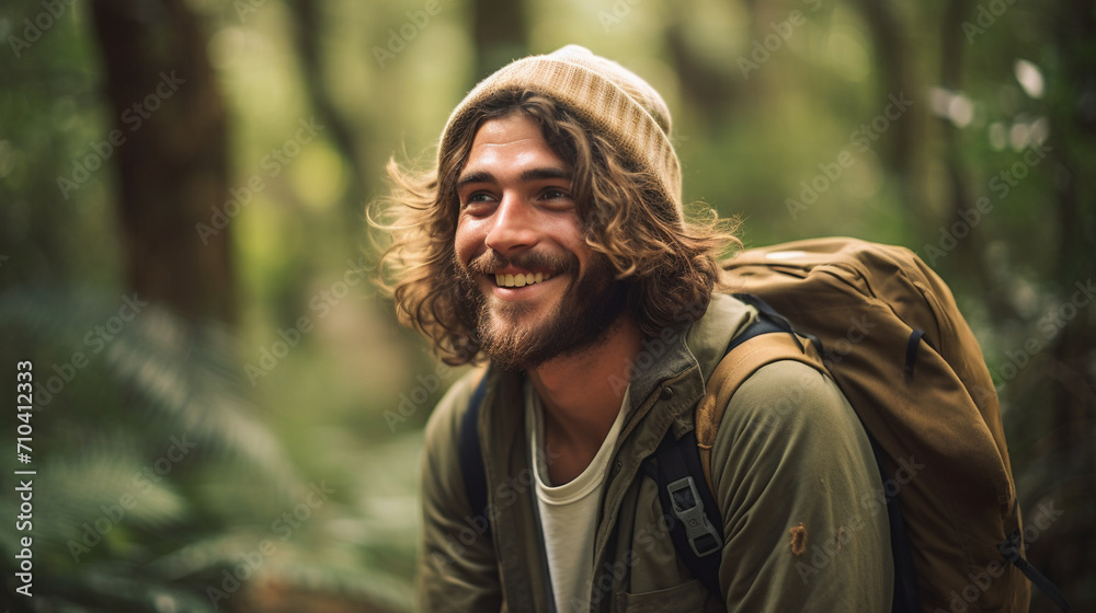 Joyful Explorer: Smiling Traveler Captured in the Heart of the Forest Joyful Explorer: Smiling Traveler Captured in the Heart of the Forest