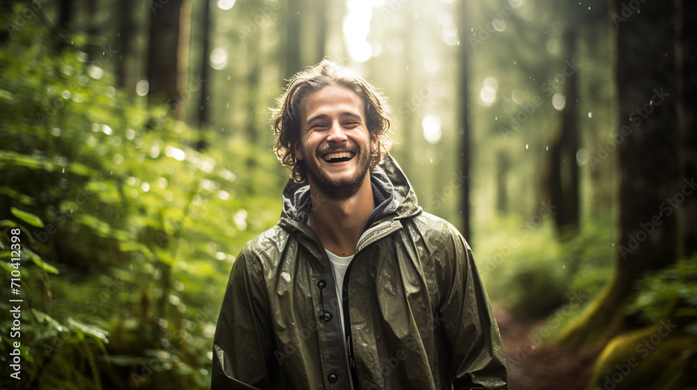 Joyful Explorer: Smiling Traveler Captured in the Heart of the Forest