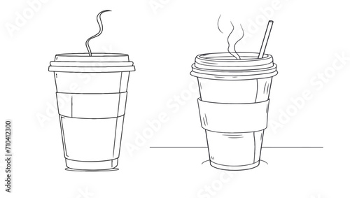 Paper cup of hot coffee in one Continuous line drawing.