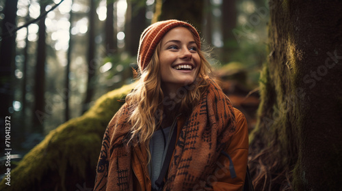 Joyful Explorer  Smiling Traveler Captured in the Heart of the Forest