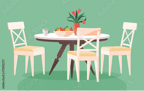 Kitchen furniture vector illustration. Culinary adventures unfold in kitchens with comfortable furnishings and decor Kitchen furniture, both decorative and functional, adds character to interior