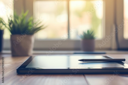 A modern graphic tablet with a stylus, isolated on a designer's workspace background