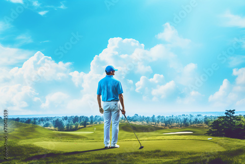 Man in blue cap playing golf on a natural green area, in the style of poster, sabattier filter