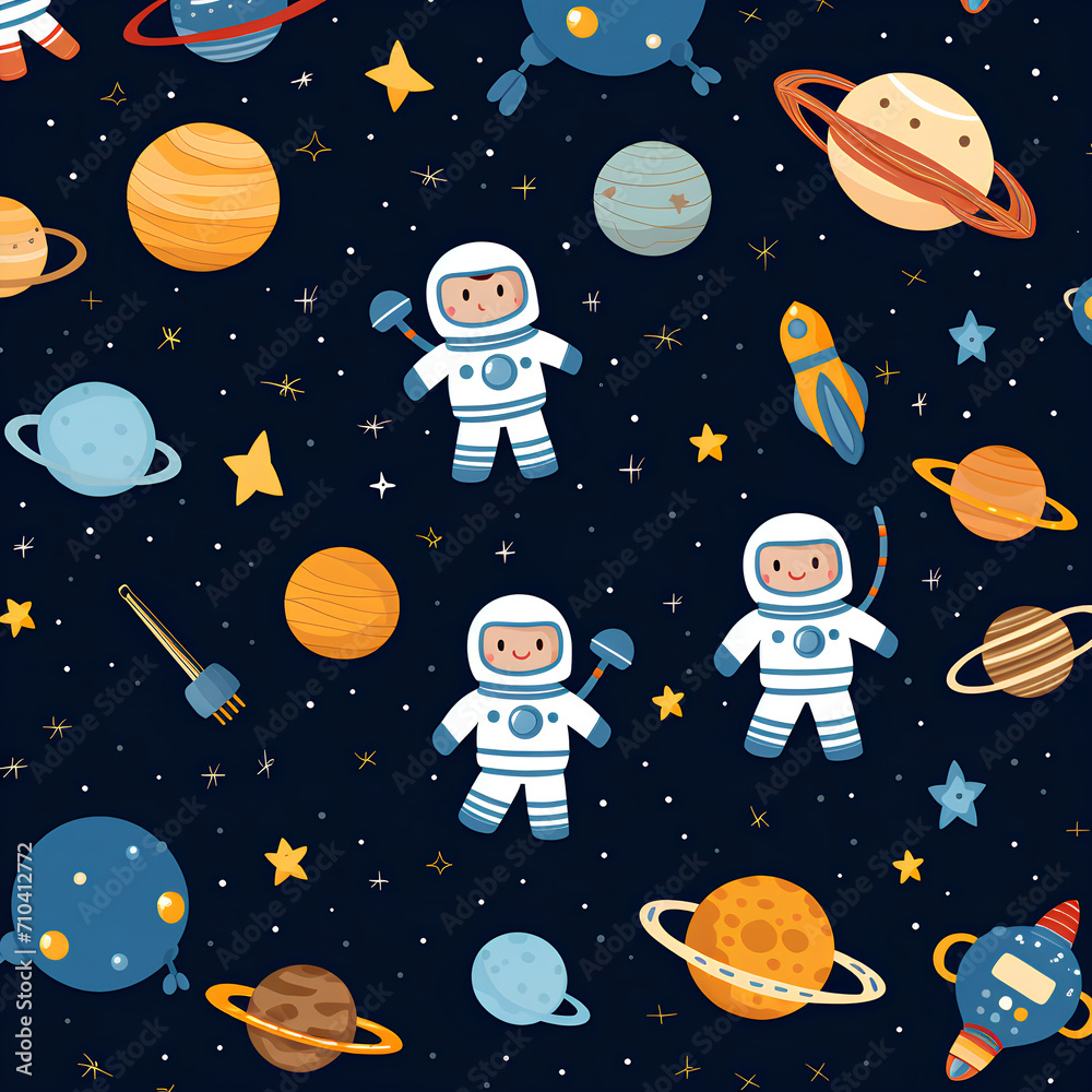 Craft a seamless pattern with adorable astronauts, planets, rockets, and stars for a charming outer space theme, PNG, 300 DPI Craft a seamless pattern with adorable astronauts, planets, rockets, and stars for a charming outer space theme, PNG, 300 DPI