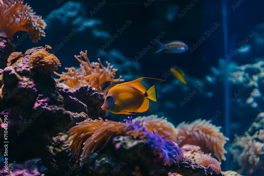 Obraz premium Lebendiges Unterwasserparadies: Aquarium mit faszinierenden Fischen und farbenprächtigen Korallen