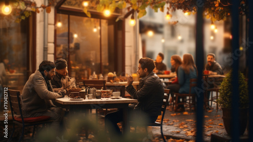Cherished Moments: Friends Enjoying a Quiet Meal Outdoors in Moderate Weather © Maximilien