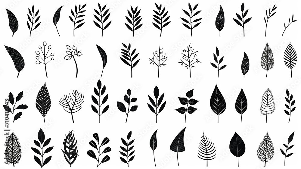 set, collection of simple leaves and branches isolated on a white background, minimalism flat graphics for design, black and white style - obrazy, fototapety, plakaty 