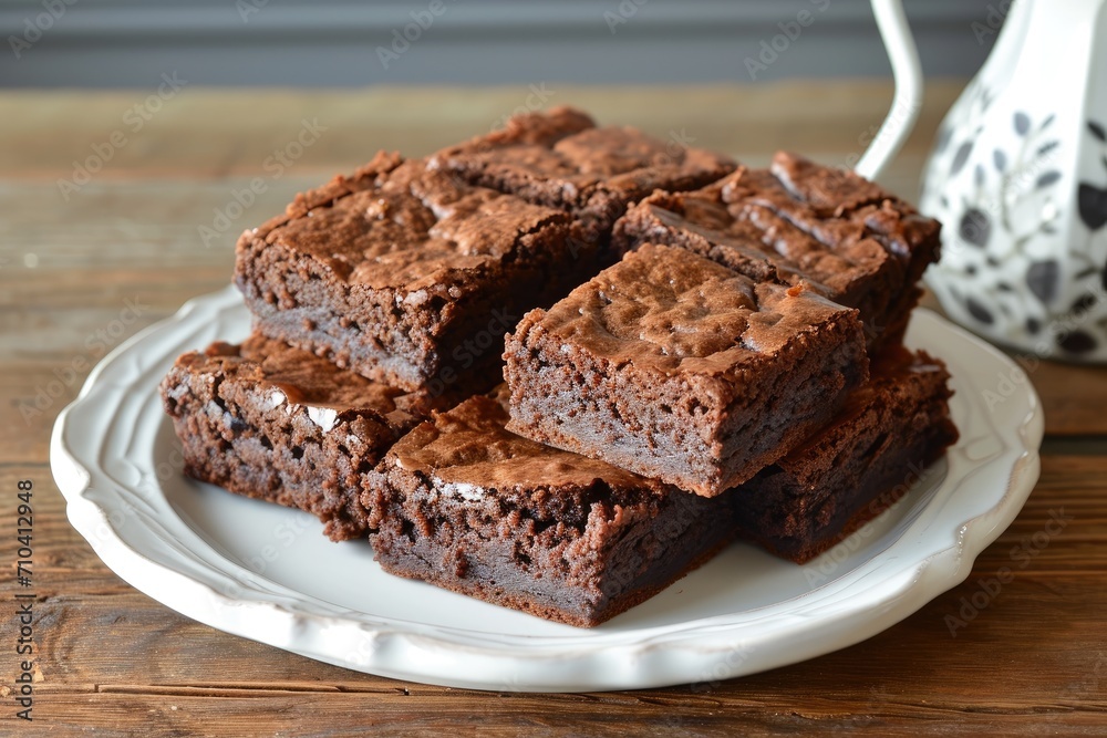 Freshly baked chocolate brownies, isolated on a white plate background
