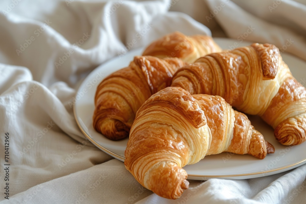 Freshly baked croissants on a plate, isolated on a linen tablecloth background Freshly baked croissants on a plate, isolated on a linen tablecloth background