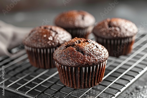 Freshly baked chocolate muffins, isolated on a cooling rack background
