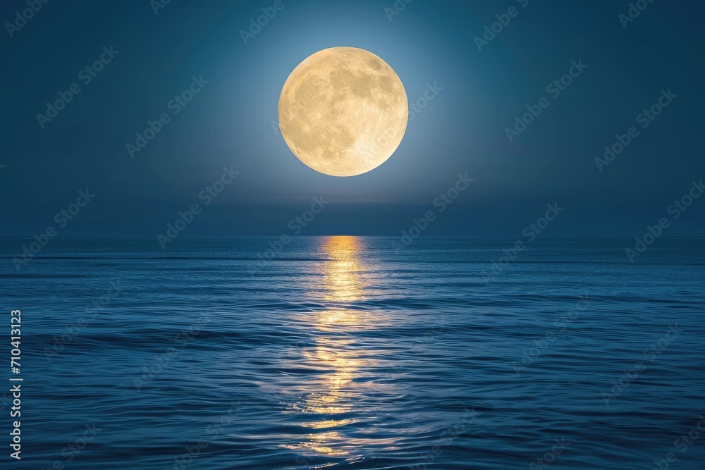 Luminous full moon over calm ocean, isolated on a night sky background