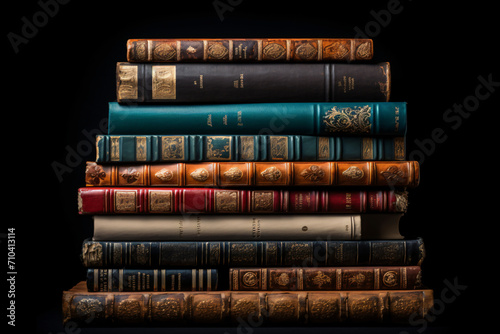 Different old books stacked on each other  in the style of high-angle  colourful  black background  collage-based  rounded  symbolic  leather hide  