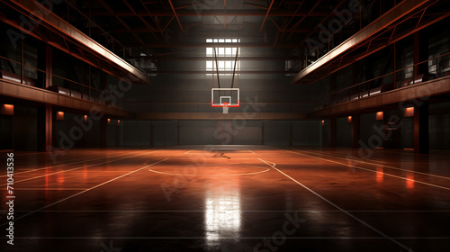 An empty basketball court with wooden floor and a hoop, in the style of dramatic   © Possibility Pages