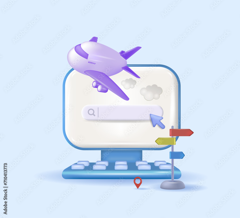 A minimalistic cartoon airplane. The concept of travel, 
tourism, vacation planning by plane. Booking tickets 
and passenger service. 3d vector illustration.