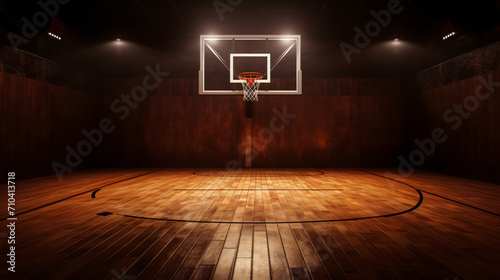 An empty basketball court with wooden floor and a hoop, in the style of dramatic   © Possibility Pages