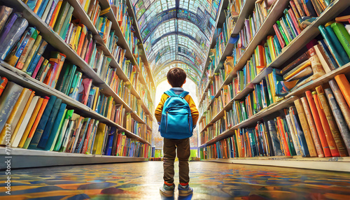 Rear view of a young male student with her backpack on her shoulder, inside a large library full of books. Generative Ai. photo