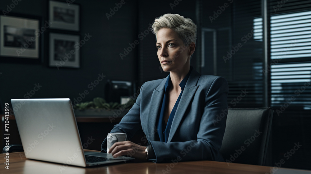Confident Professional Businesswoman Excelling in Career: Mature Female Executive Engaged in Digital Endeavors, Corporate Elegance Exemplified in Office Setting