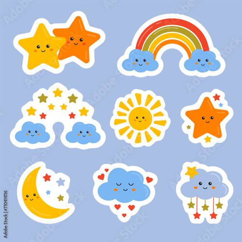 Cute collection of stickers with funny rainbows, stars, cloud, moon in cartoon style. Rainbow child friendly design of labels, badges for kids motivation, encouraging, rewarding, appreciation.