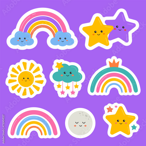 Rainbow and star cartoon collection of stickers for kids. Clip art of stickers with rainbow, star, cloud, moon, sun. Perfect for kids motivation and achievement, diary, reward chart, appreciation.