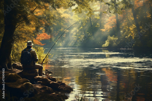 A man is fishing by a river, in the style of photo-realistic landscapes, soft-focus