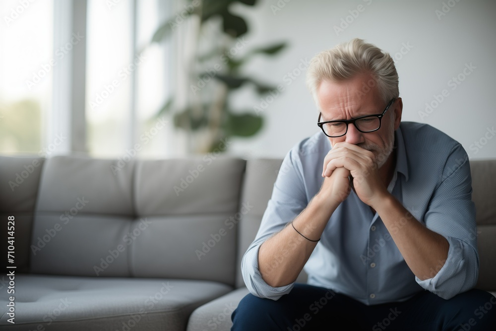 worried senior man sitting on the sofa isolated, thinking about the problems of their company