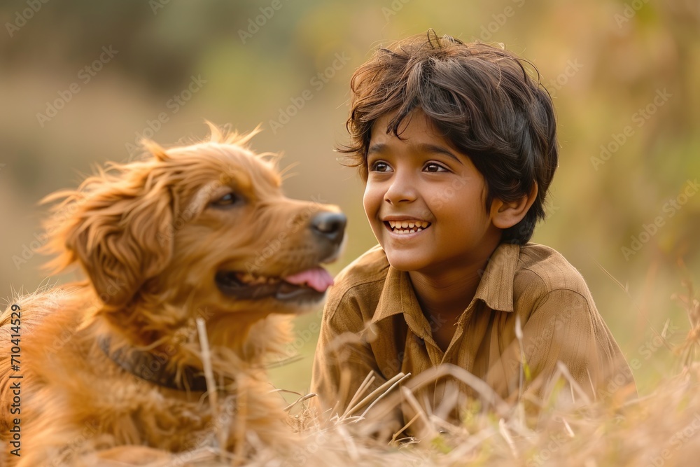 Indian child engaging in play with family dog. Generative Ai.