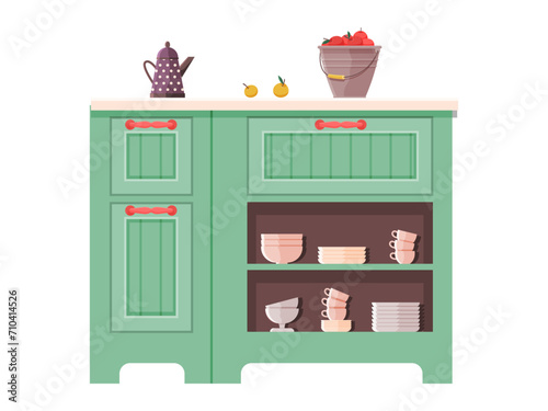 Kitchen furniture vector illustration. Culinary settings, adorned with stylish decor, create comfortable cooking space Kitchen utensils, both decorative and functional, are essential elements at home