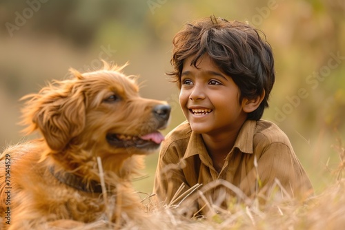 Indian child engaging in play with family dog. Generative Ai.