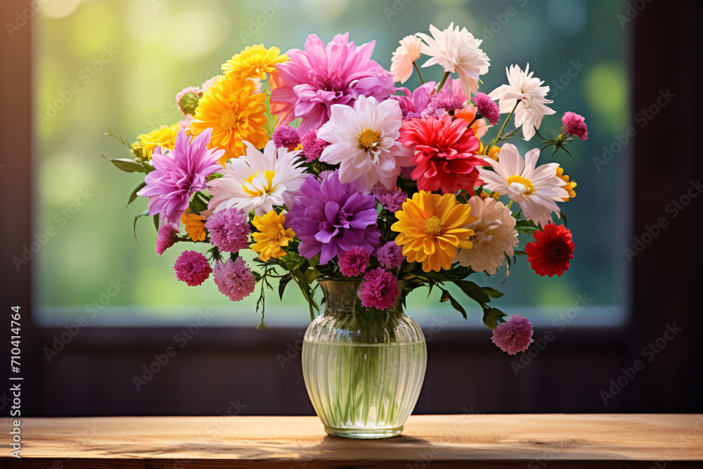 Bouquet of colorful flowers in a rustic vase, sitting on a wooden table in front of a blurred nature background Bouquet of colorful flowers in a rustic vase, sitting on a wooden table in front of a blurred nature background