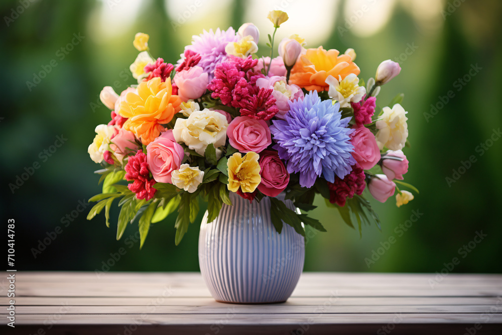 Bouquet of colorful flowers in a rustic vase, sitting on a wooden table in front of a blurred nature background Bouquet of colorful flowers in a rustic vase, sitting on a wooden table in front of a blurred nature background
