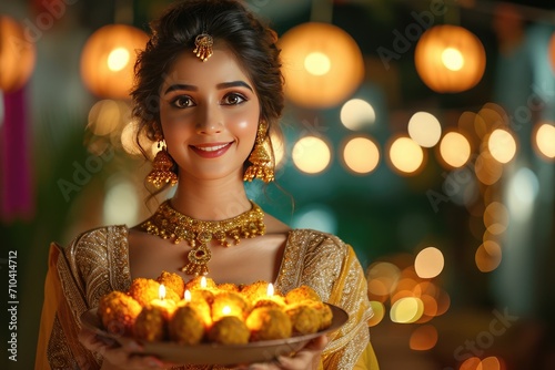 Attractive woman with a dish full of delicious ladoo. Generative Ai.