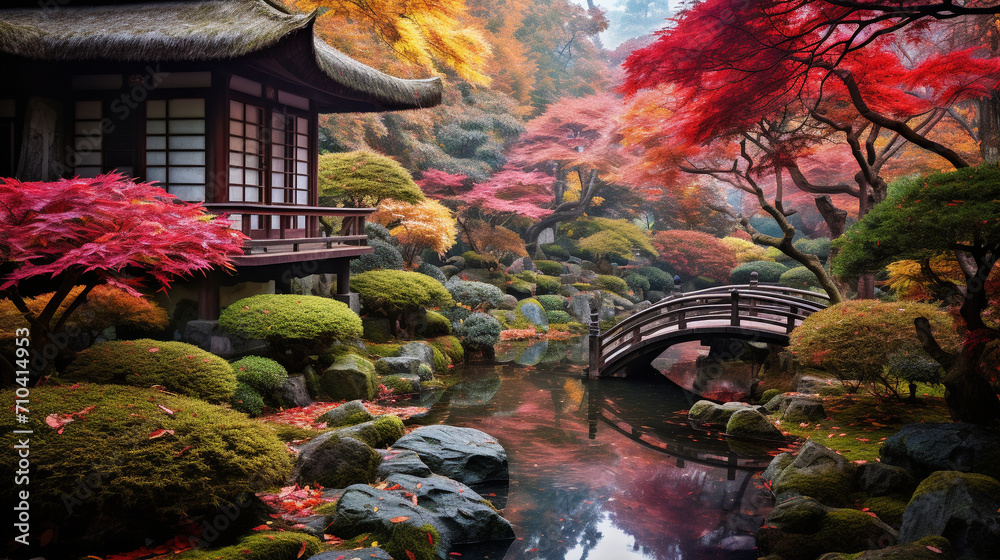 Autumn's Tranquility: Serene View of a Japanese-Style Garden in Fall Splendor