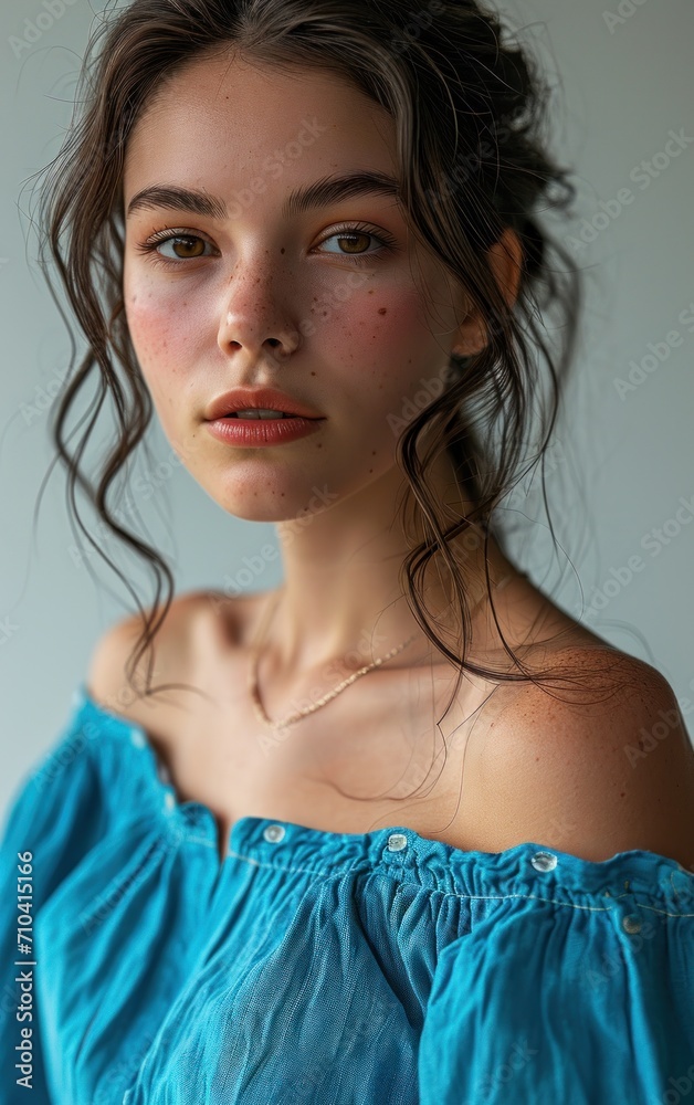 Portrait of a pretty European woman wearing blue clothes with a gray background Portrait of a pretty European woman wearing blue clothes with a gray background