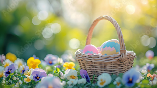 Colorful Easter eggs in a pastel basket on a bokeh background of pansies blooming under the sunlight