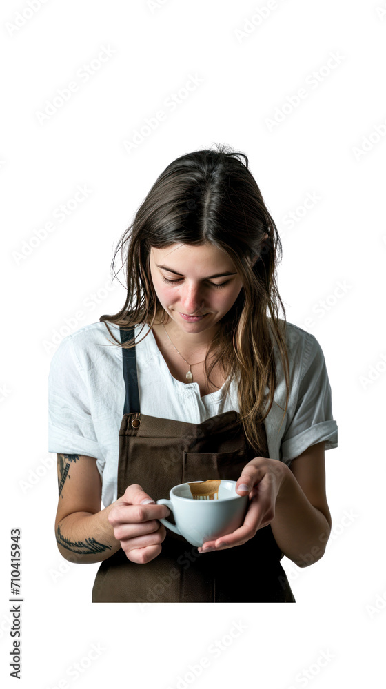 Female barista, fully standing, alone in the studio. with transparent background Female barista, fully standing, alone in the studio. with transparent background