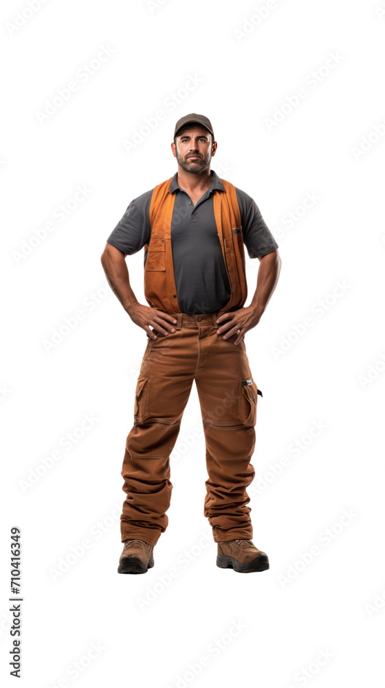 Carpenter, fully standing, alone in the studio. has a transparent background Carpenter, fully standing, alone in the studio. has a transparent background