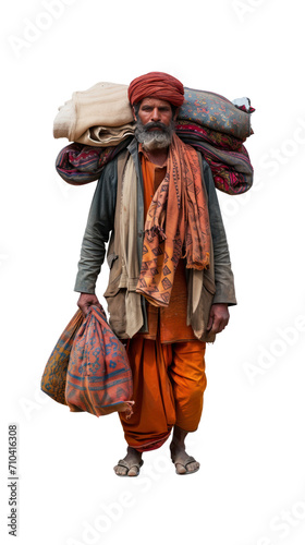 Fabric seller, standing full length, alone in the studio. has a transparent background