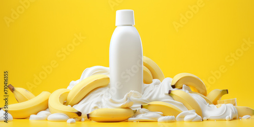 White plastic bottle with white cream and bananas on a yellow background. Flavored shampoo or fruit yogurt advertising banner.