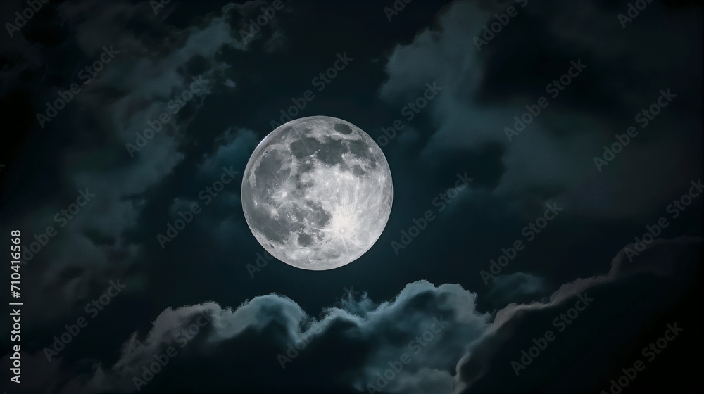 full moon in a dark night sky, surrounded by clouds mysterious moonlight eerie atmosphere symbolism full moon in a dark night sky, surrounded by clouds mysterious moonlight eerie atmosphere symbolism