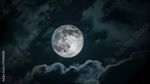 full moon in a dark night sky, surrounded by clouds mysterious moonlight eerie atmosphere symbolism